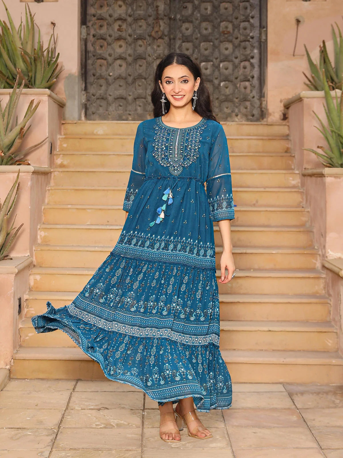 Blue Ethnic Motif Indian Dresses with Sequins