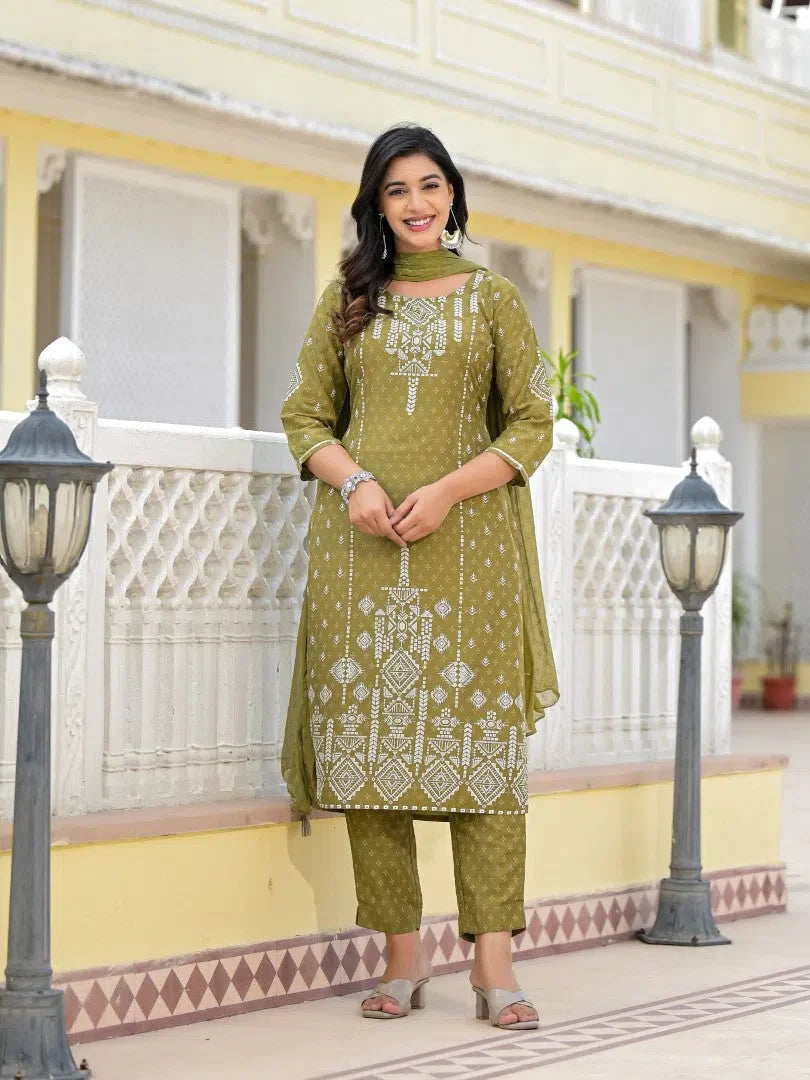 Olive Green Printed Viscose Kurta Set | Indian Kurta Sets