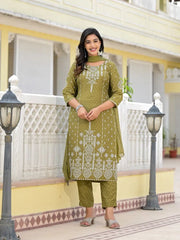 Olive Green Ethnic Motif Printed Viscose Kurta, Pant And Dupatta Set With Gota Patti Work-J4621OLIVE