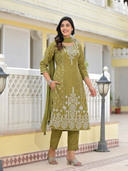 Olive Green Ethnic Motif Printed Viscose Kurta, Pant And Dupatta Set With Gota Patti Work-J4621OLIVE