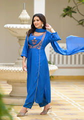 Blue Solid Viscose Kurta Pant With Dupatta Set With Thread & Mirror Work-J4626CBLUE