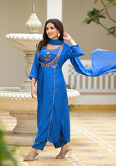 Blue Solid Viscose Kurta Pant With Dupatta Set With Thread & Mirror Work-J4626CBLUE