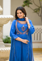 Blue Solid Viscose Kurta Pant With Dupatta Set With Thread & Mirror Work-J4626CBLUE