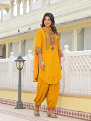 Mustard Ethnic Motif Printed Kurta, Pant And Dupatta Set With Tassels & Buttons.-J4631MUSTARD