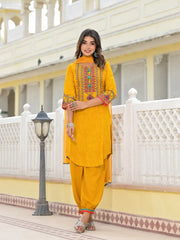 Mustard Ethnic Motif Printed Kurta, Pant And Dupatta Set With Tassels & Buttons.-J4631MUSTARD