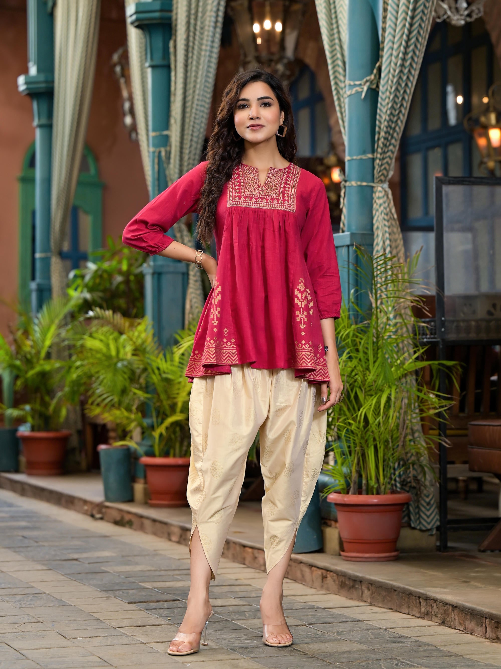 Red Ethnic Motif Printed Cotton Top & Dhoti Pants Set With Zari Work |