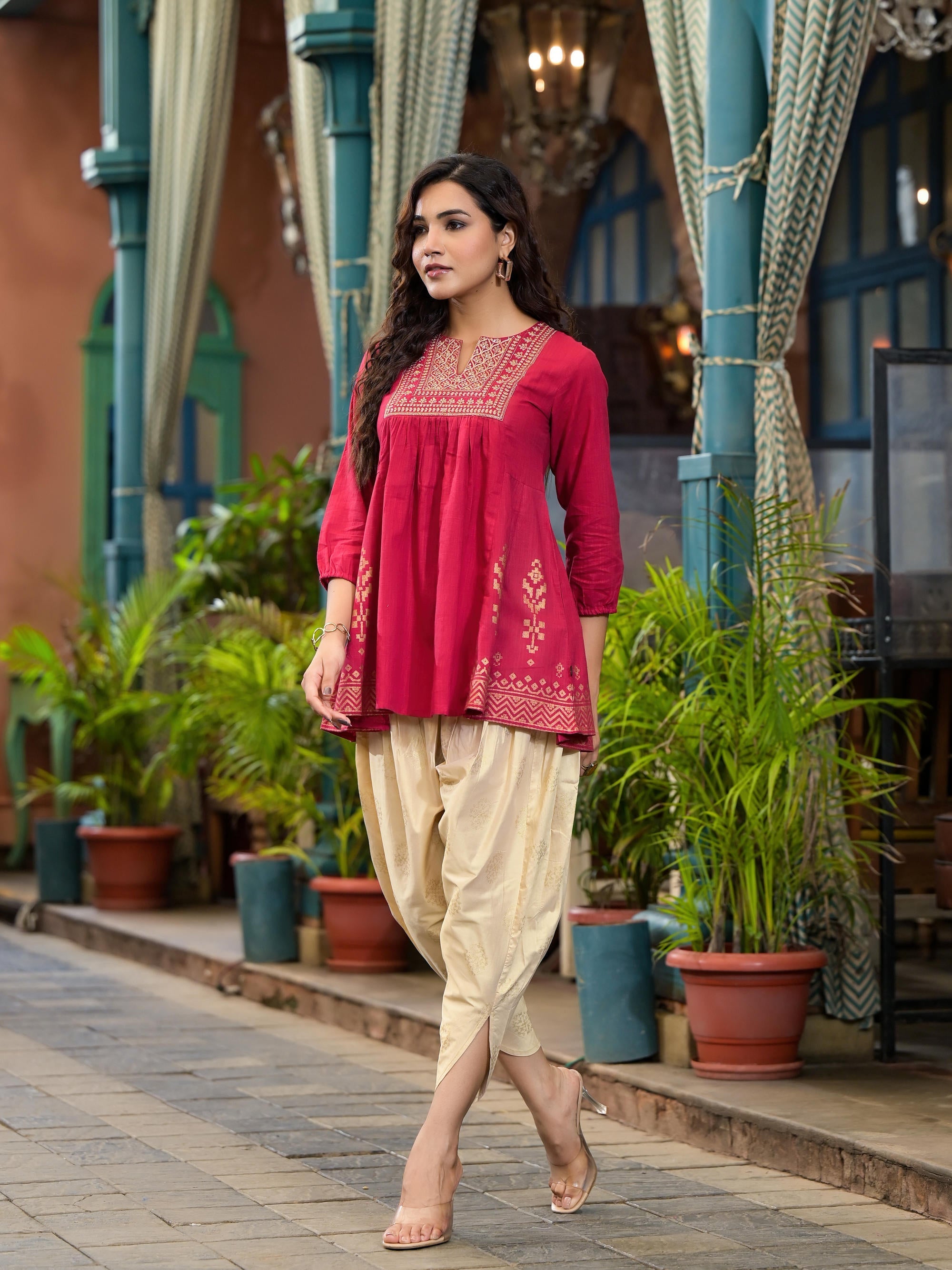 Red Ethnic Motif Printed Cotton Top & Dhoti Pants Set With Zari Work |