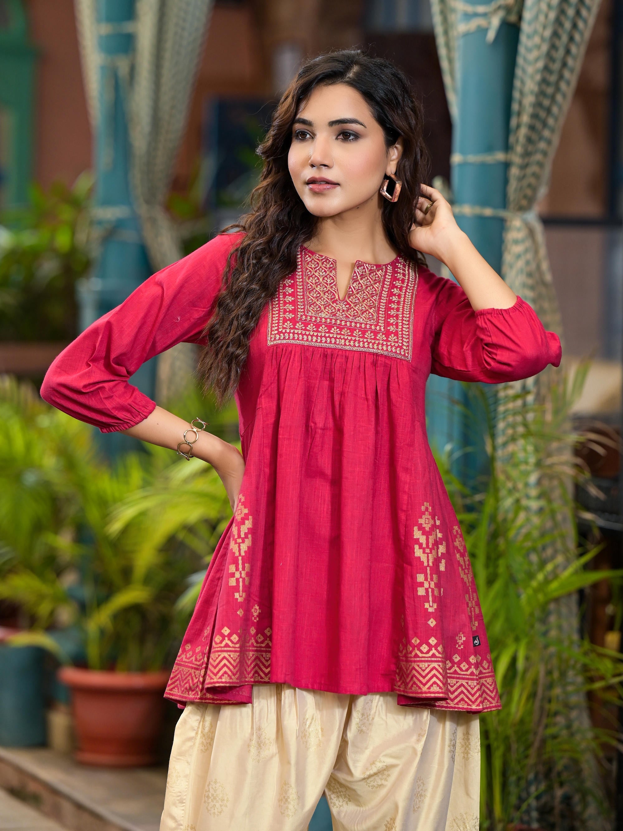 Red Ethnic Motif Printed Cotton Top & Dhoti Pants Set With Zari Work |