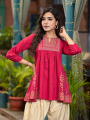 Red Ethnic Motif Printed Cotton Top & Dhoti Pants Set With Zari Work