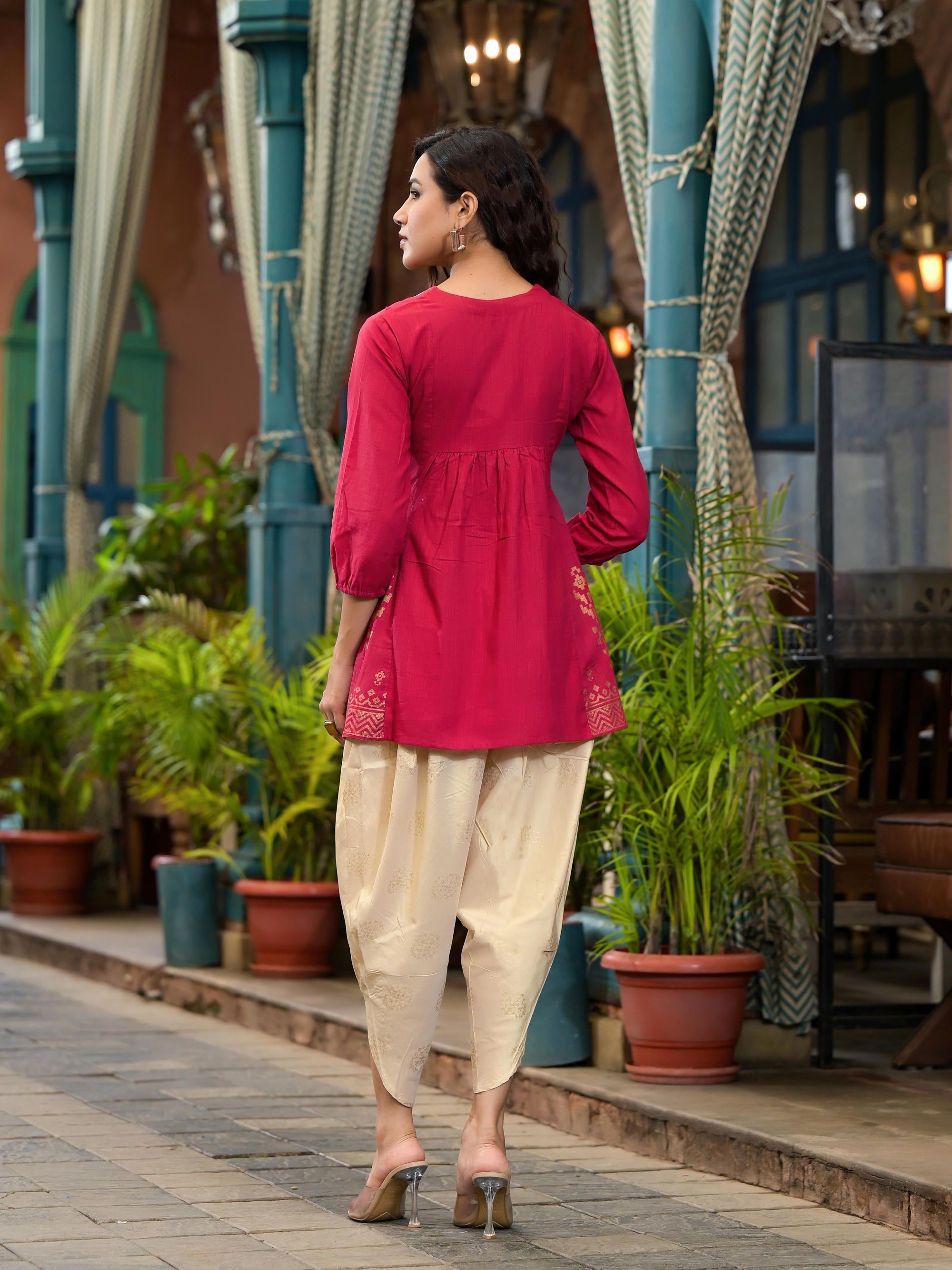 Red Ethnic Motif Printed Cotton Top & Dhoti Pants Set With Zari Work |