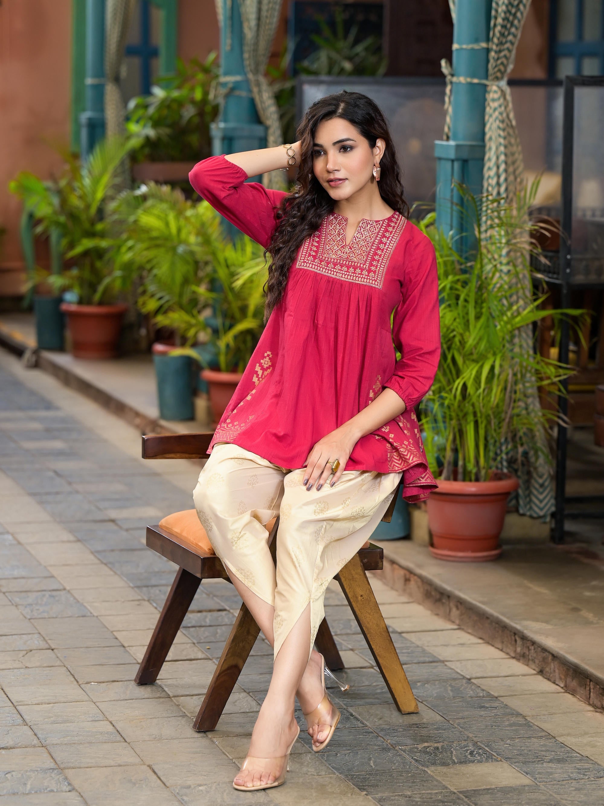 Red Ethnic Motif Printed Cotton Top & Dhoti Pants Set With Zari Work |