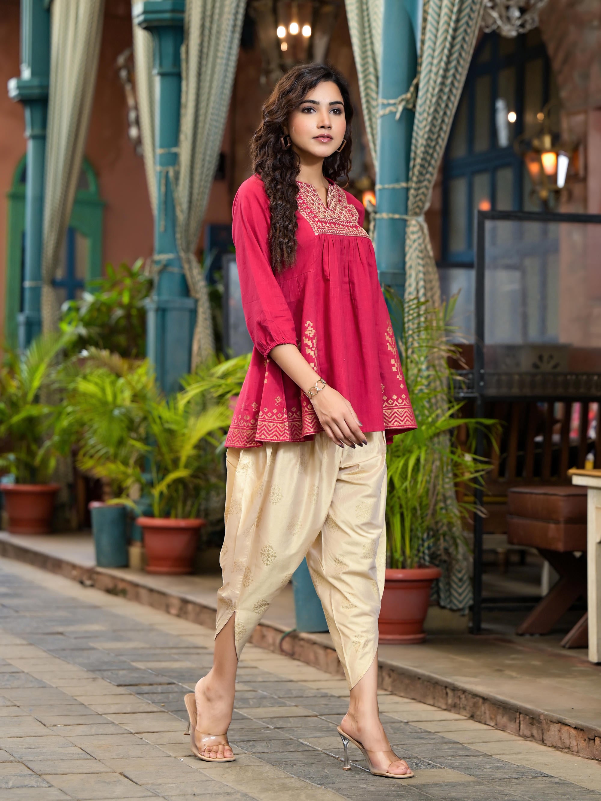Red Ethnic Motif Printed Cotton Top & Dhoti Pants Set With Zari Work |