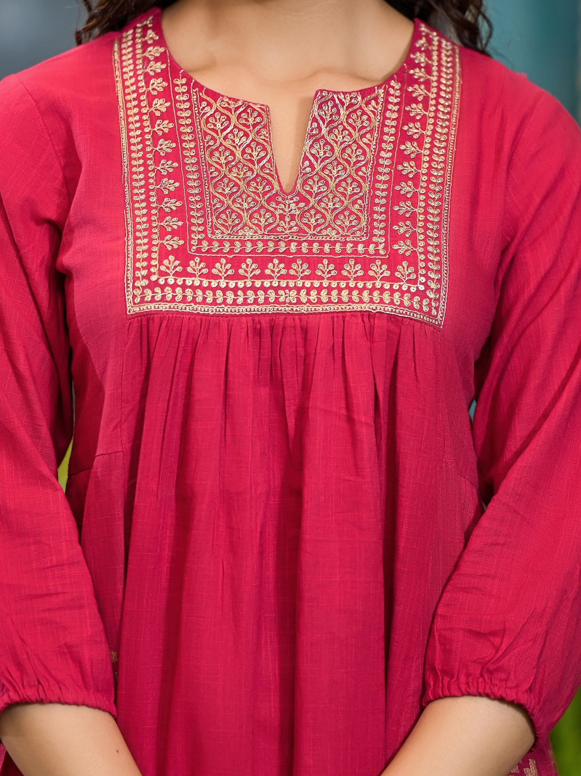 Red Ethnic Motif Printed Cotton Top & Dhoti Pants Set With Zari Work |