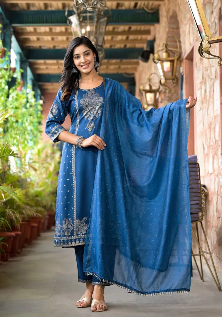 Blue Printed Rayon Kurta Set with Dupatta | Women's Kurta Sets