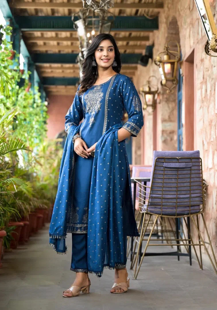 Blue Printed Rayon Kurta Set with Dupatta | Women's Kurta Sets