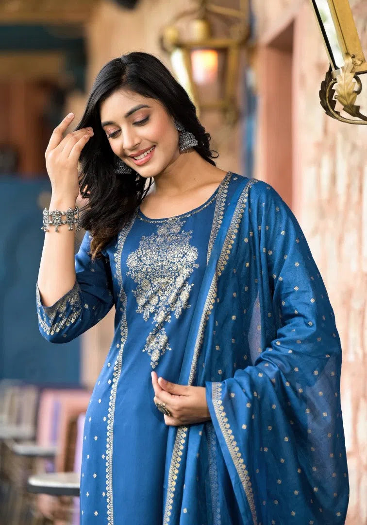 Blue Printed Rayon Kurta Set with Dupatta | Women's Kurta Sets
