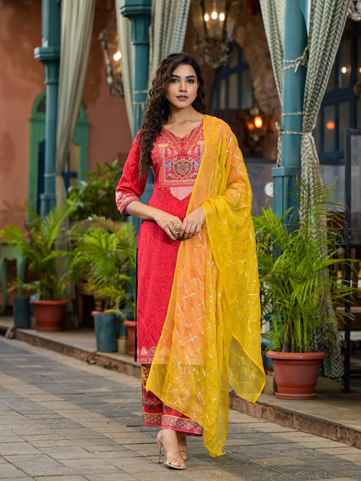 Red Ethnic Motif Printed Muslin Kurta Set With thread Work Coins & Beads