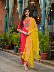 Red Ethnic Motif Printed Muslin Kurta Set With thread Work Coins & Beads