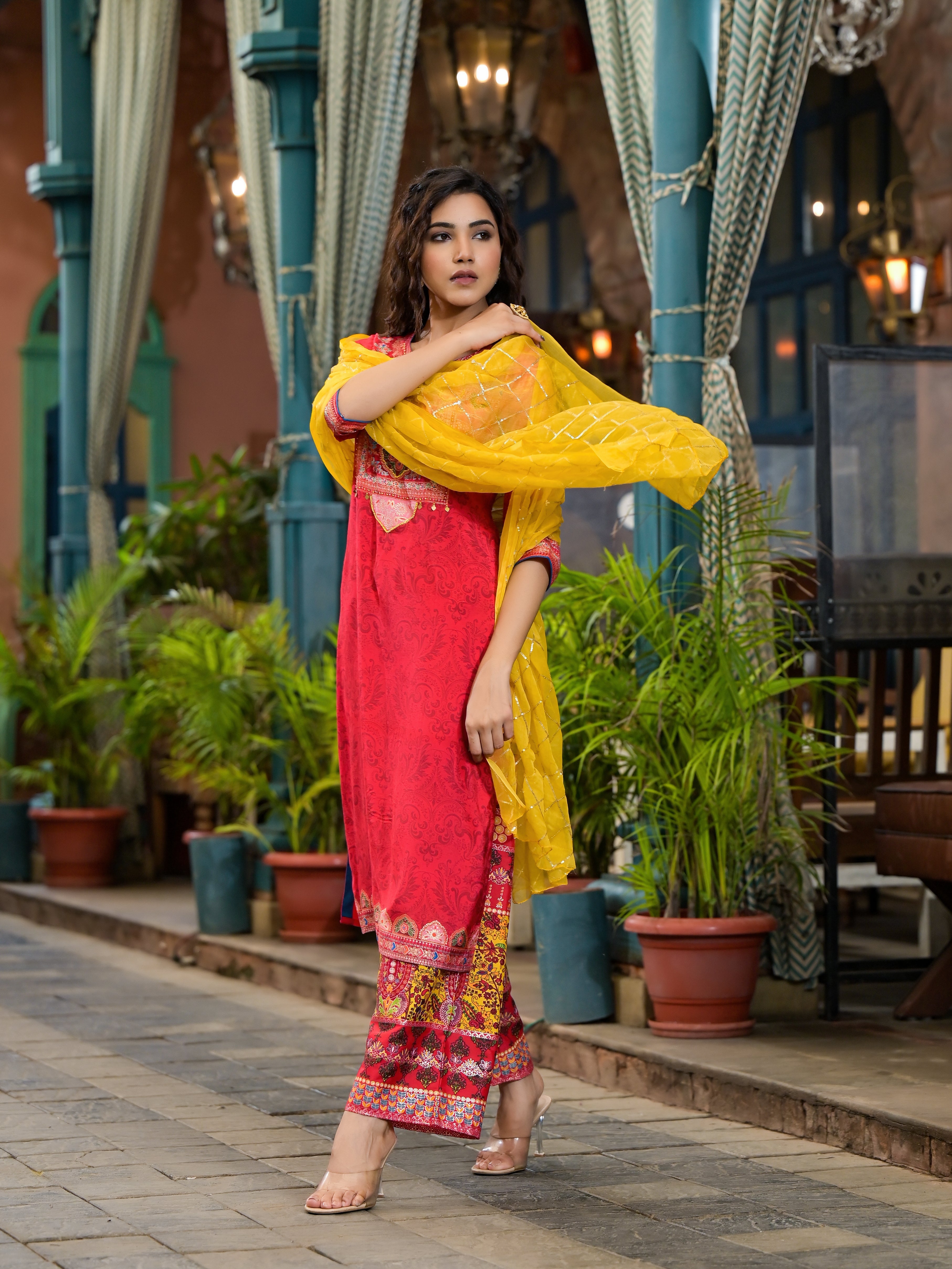 Red Ethnic Motif Printed Muslin Kurta Set With thread Work Coins & Bea