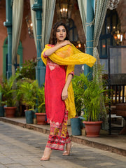 Red Ethnic Motif Printed Muslin Kurta Set With thread Work Coins & Beads