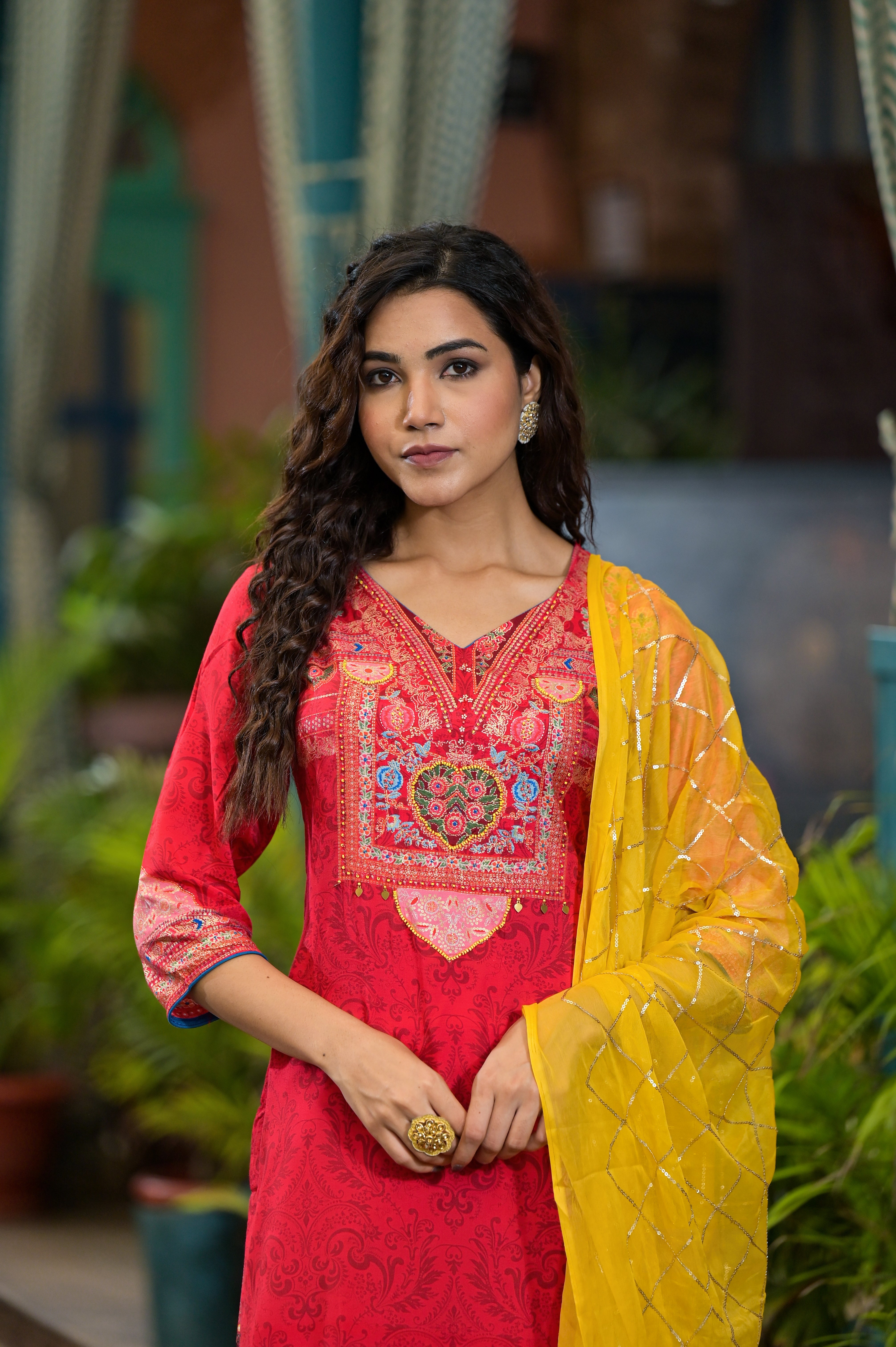 Red Ethnic Motif Printed Muslin Kurta Set With thread Work Coins & Bea