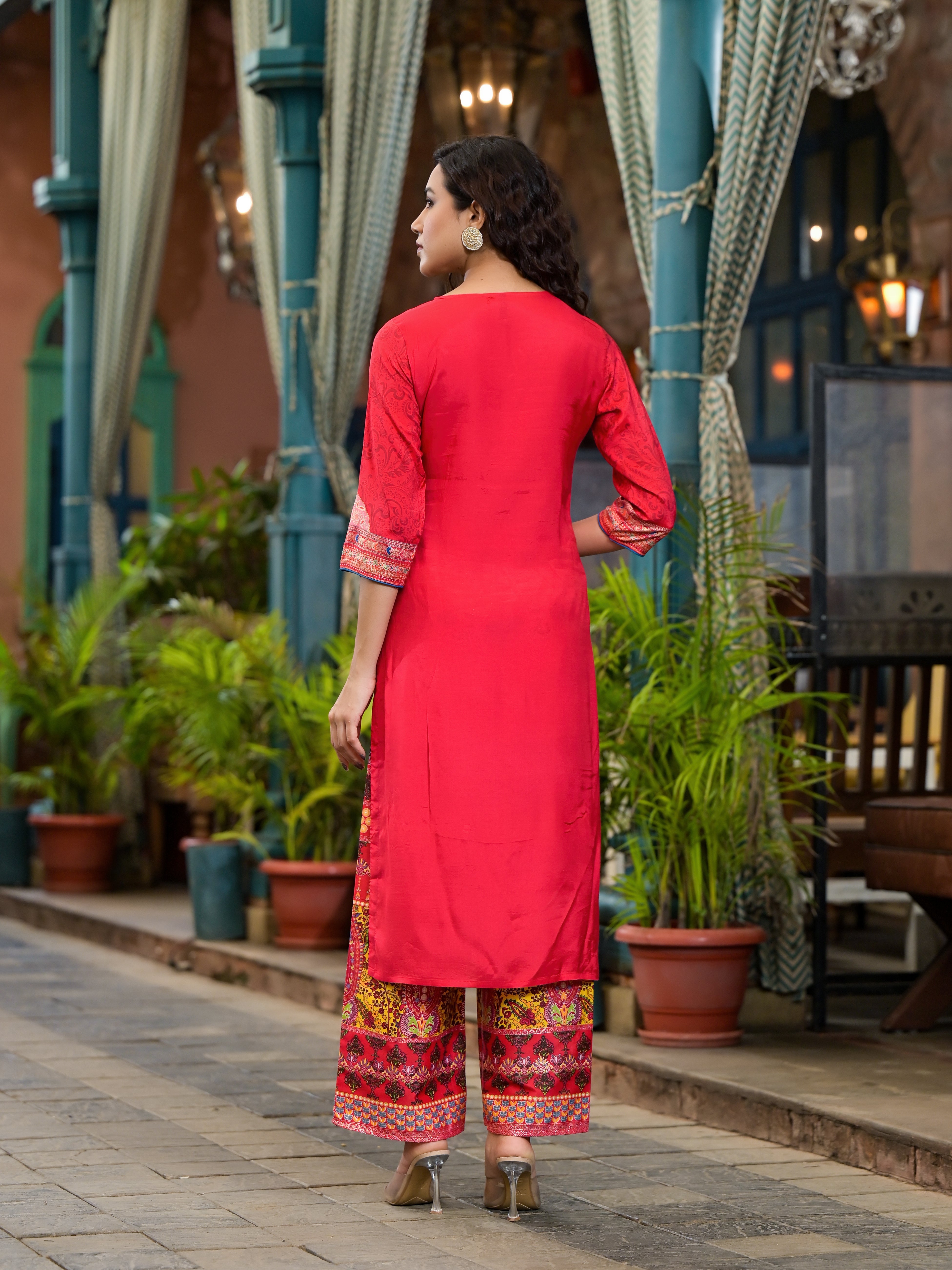 Red Ethnic Motif Printed Muslin Kurta Set With thread Work Coins & Bea