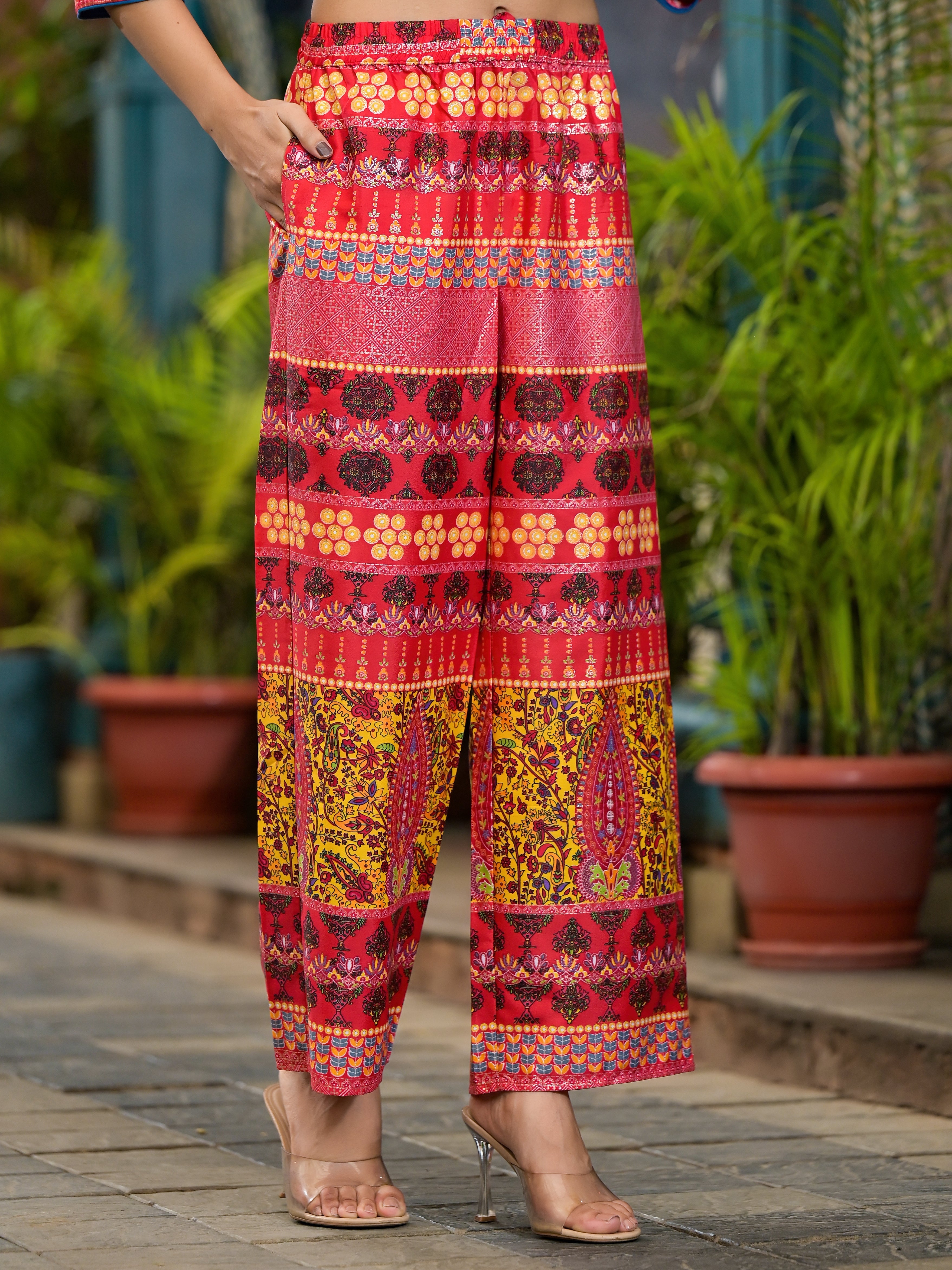 Red Ethnic Motif Printed Muslin Kurta Set With thread Work Coins & Bea