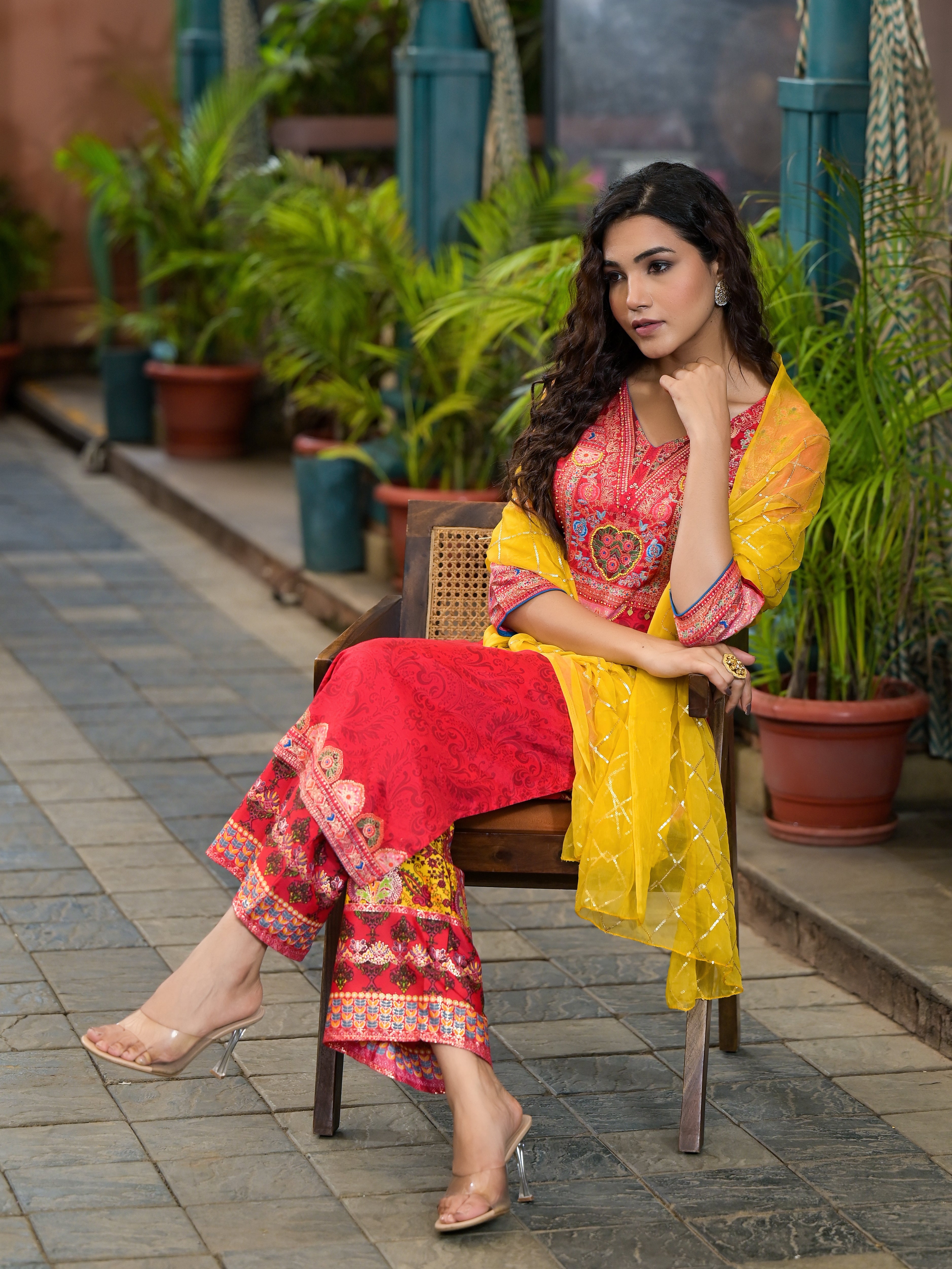 Red Ethnic Motif Printed Muslin Kurta Set With thread Work Coins & Bea