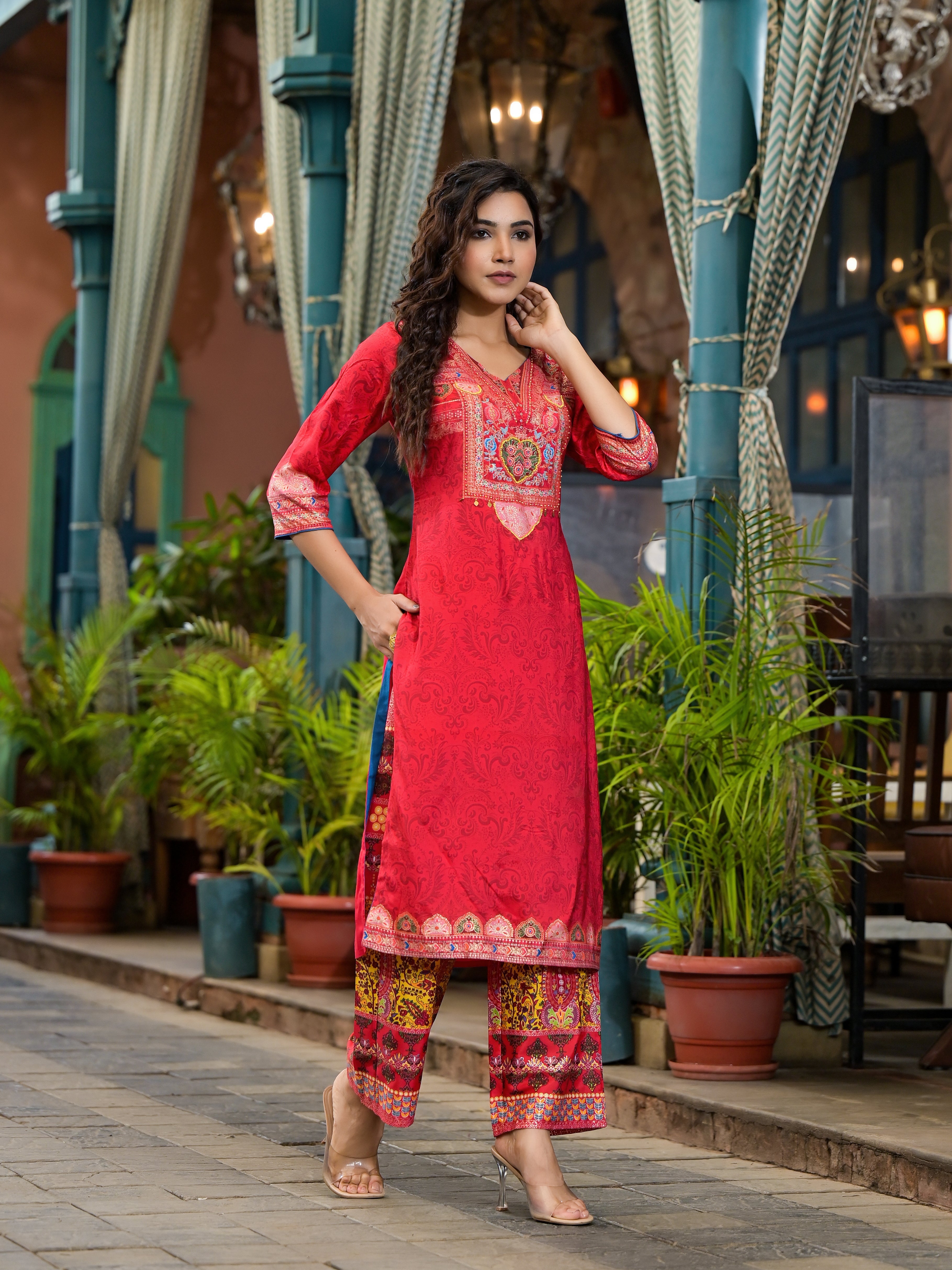 Red Ethnic Motif Printed Muslin Kurta Set With thread Work Coins & Bea