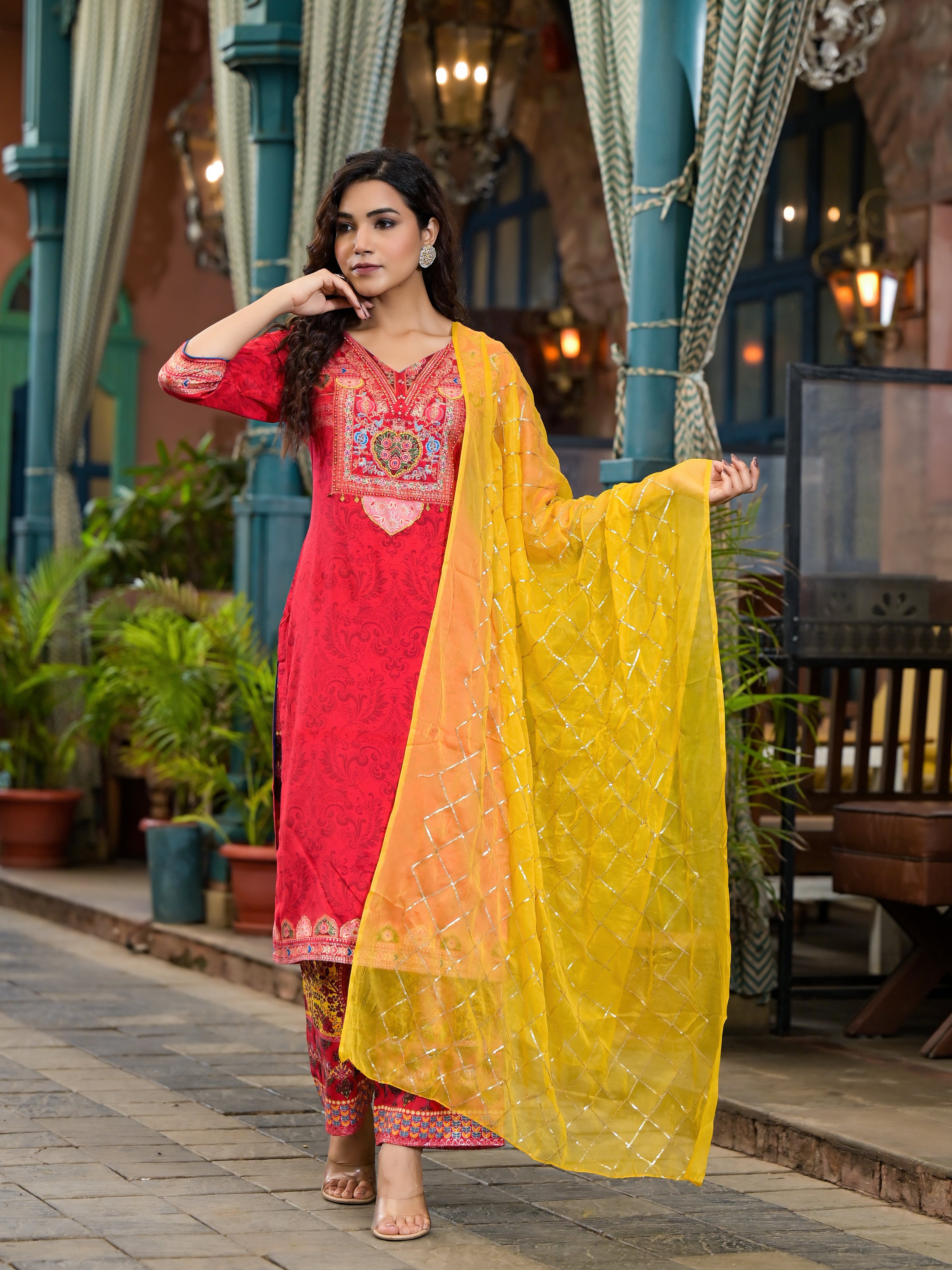 Red Ethnic Motif Printed Muslin Kurta Set With thread Work Coins & Bea