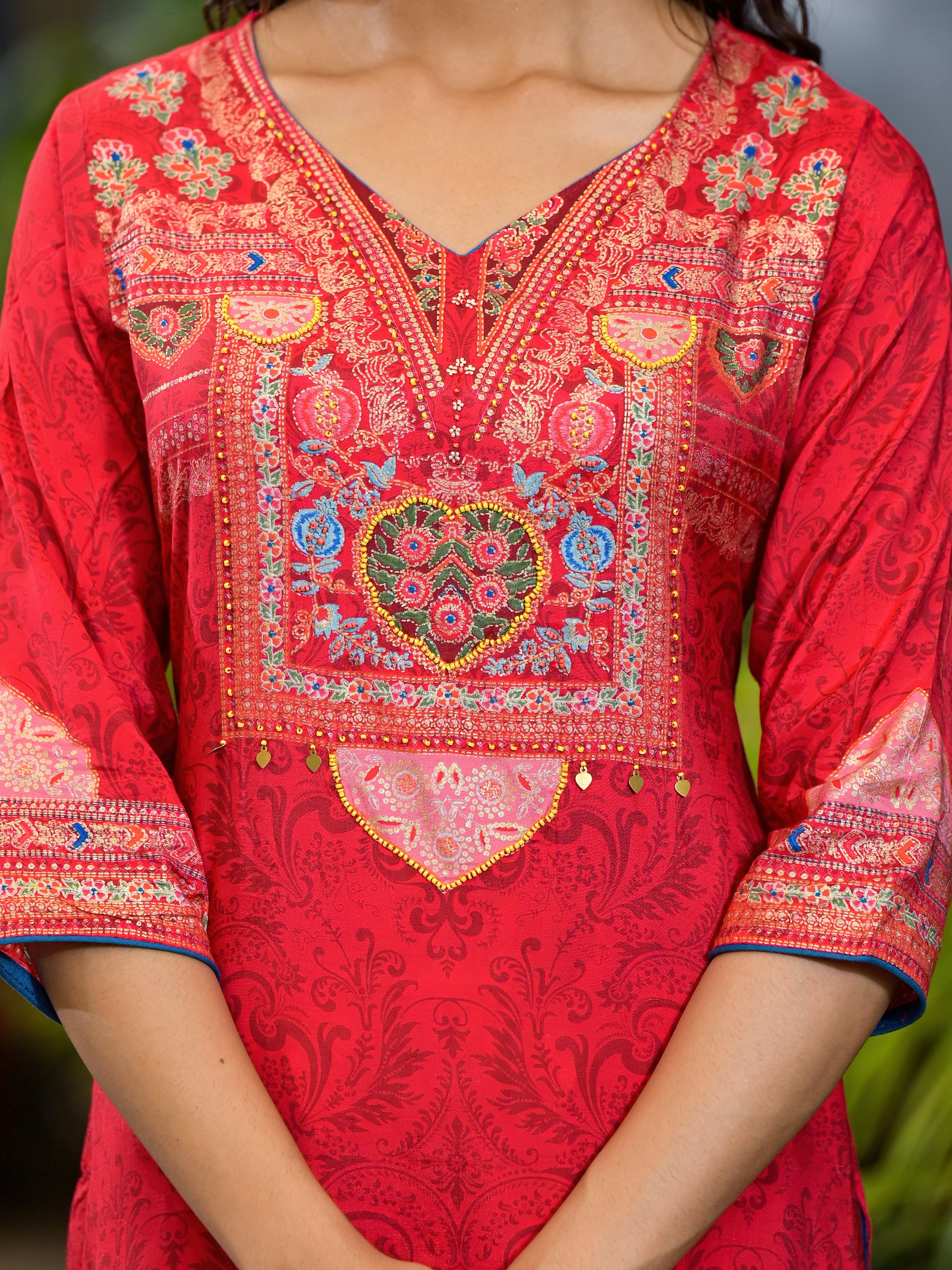 Red Ethnic Motif Printed Muslin Kurta Set With thread Work Coins & Bea