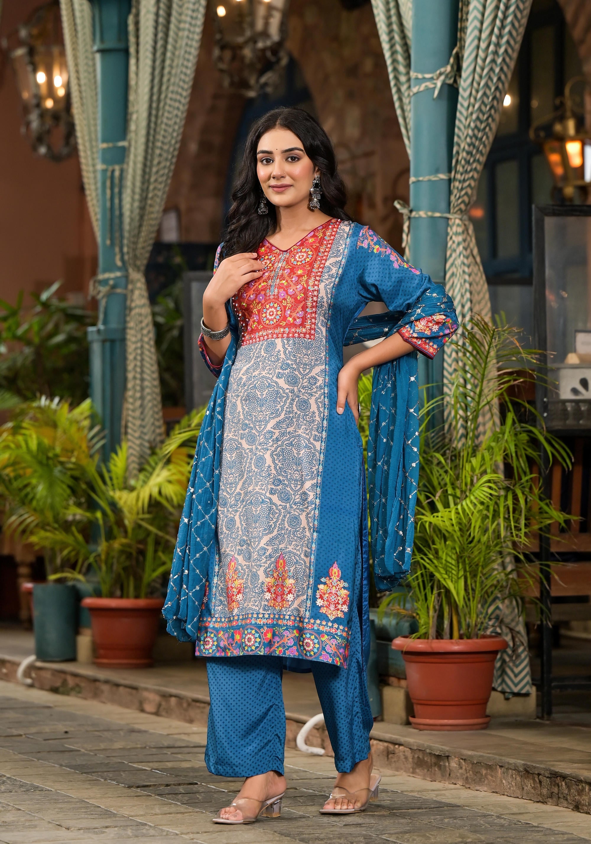 Blue Floral Printed Viscose Kurta Pant And Dupatta Set With Sequins | 