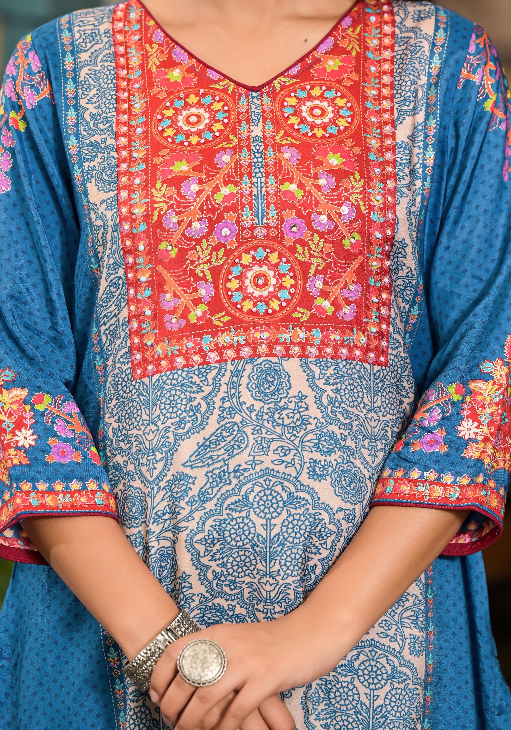 Blue Floral Printed Viscose Kurta Pant And Dupatta Set With Sequins | 