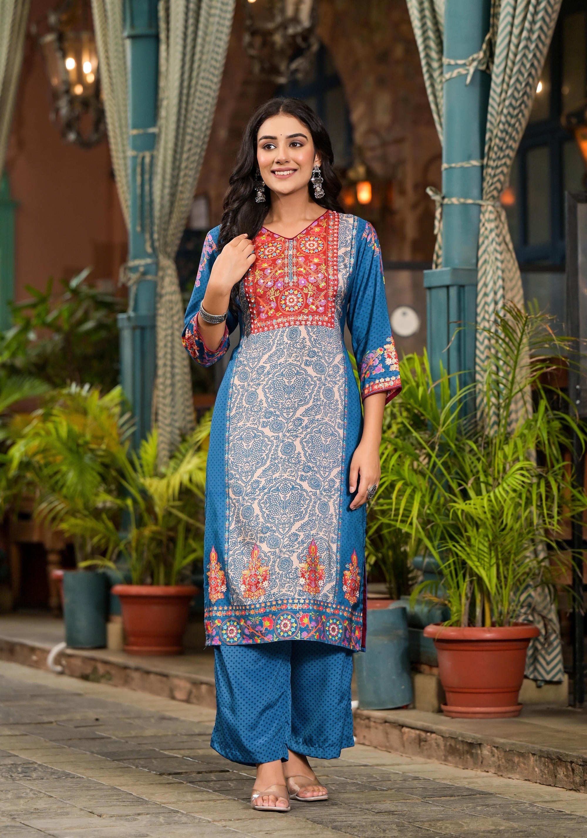 Blue Floral Printed Viscose Kurta Pant And Dupatta Set With Sequins | 