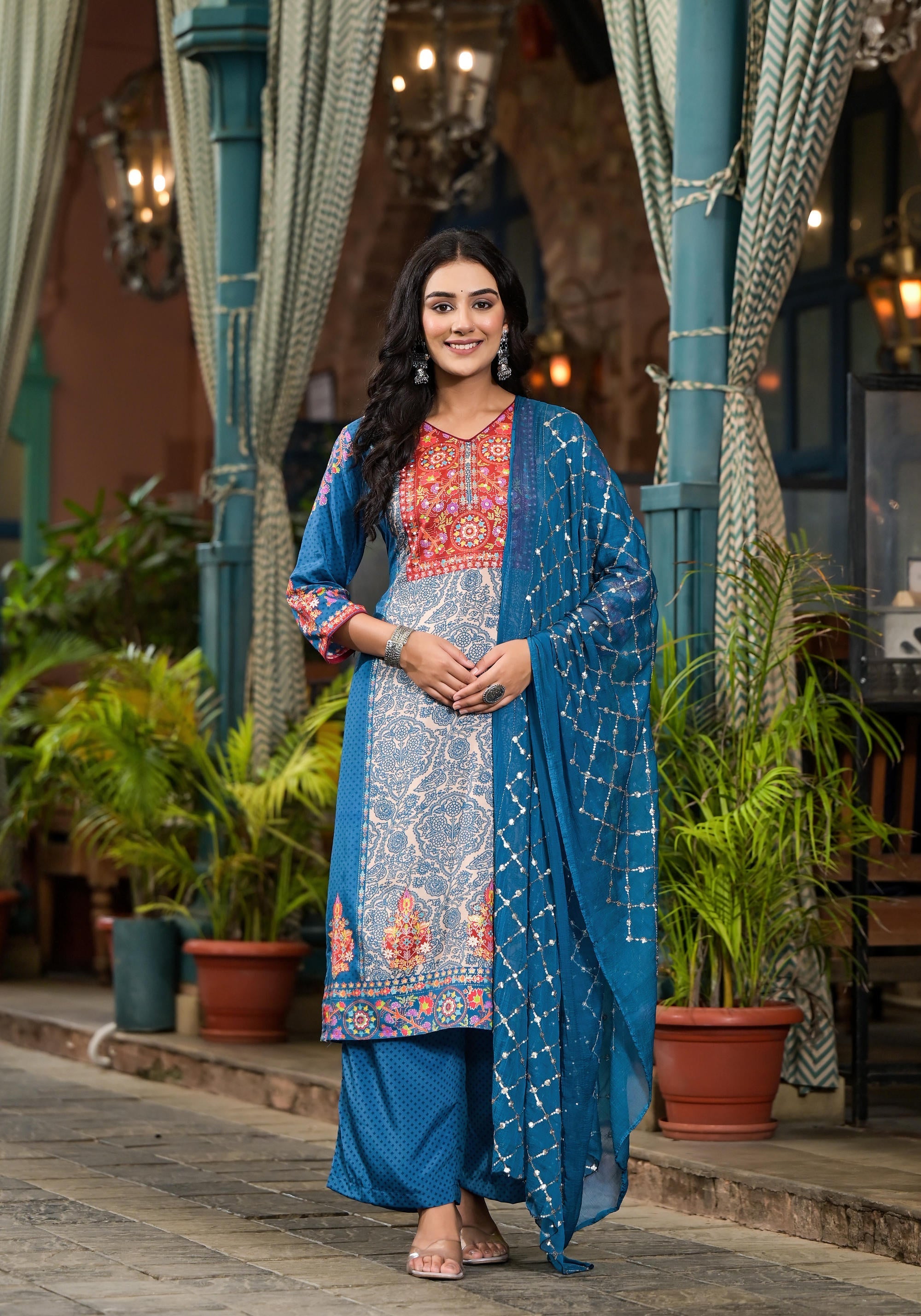Blue Floral Printed Viscose Kurta Pant And Dupatta Set With Sequins | 