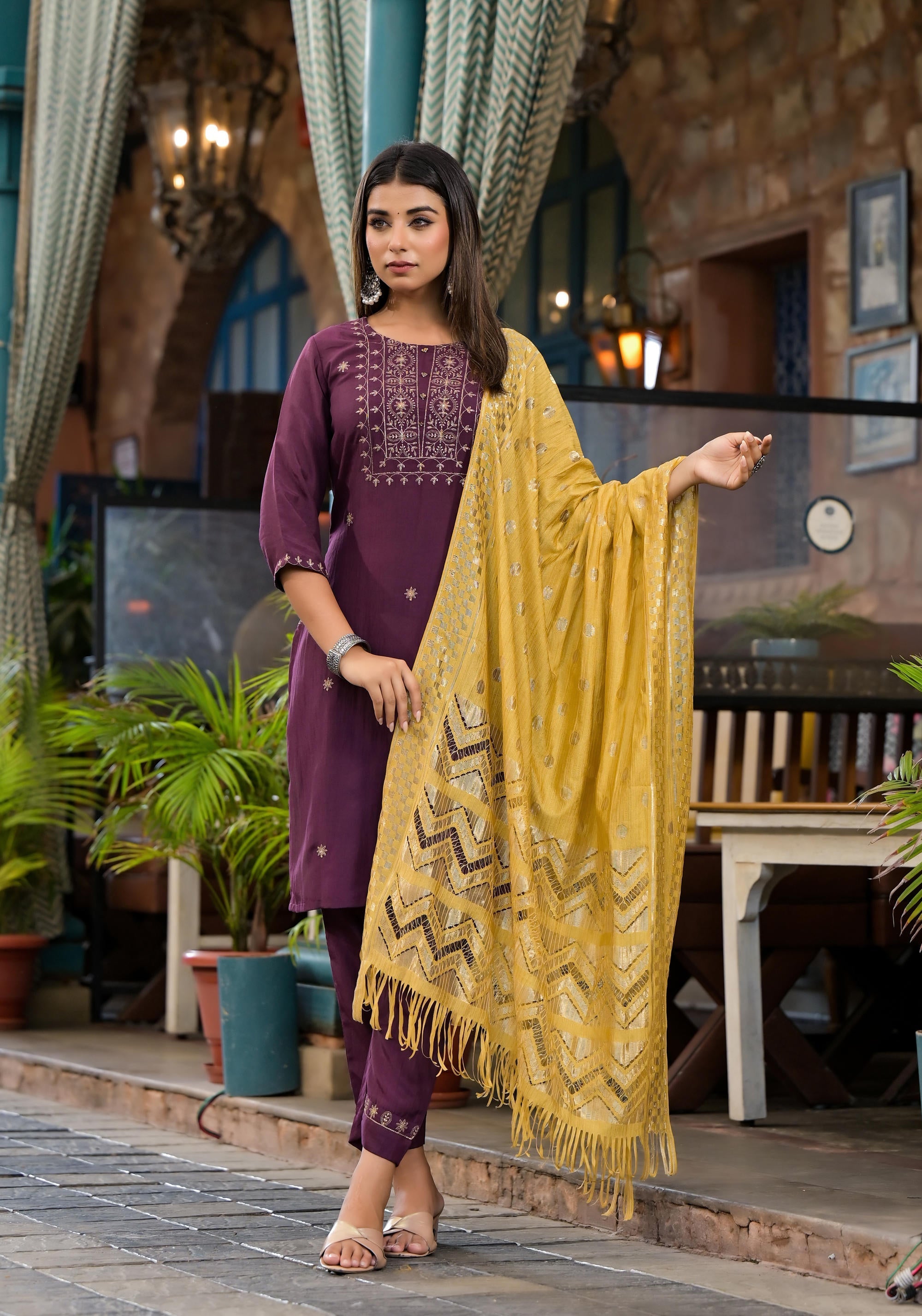 Burgundy Zari Embroidered Chinon Kurta Pant And Dupatta Set With Zari 