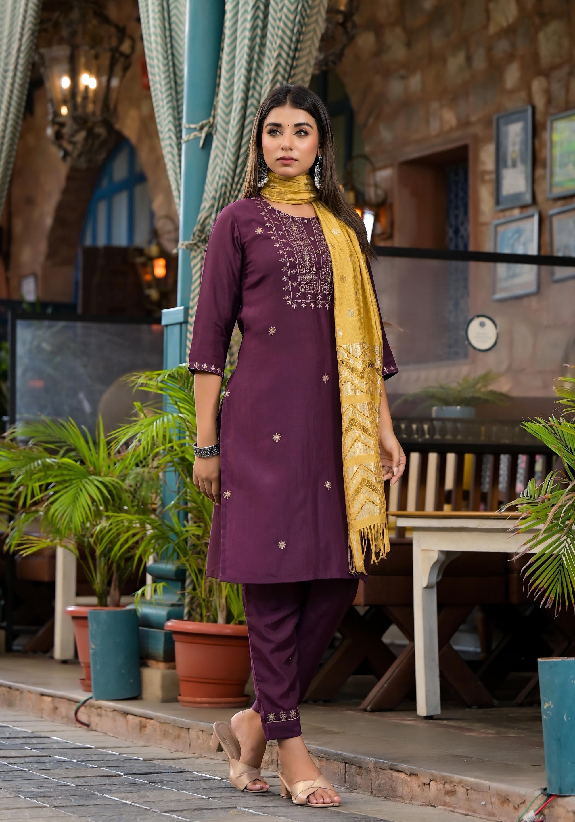 Burgundy Zari Embroidered Chinon Kurta Pant And Dupatta Set With Zari 