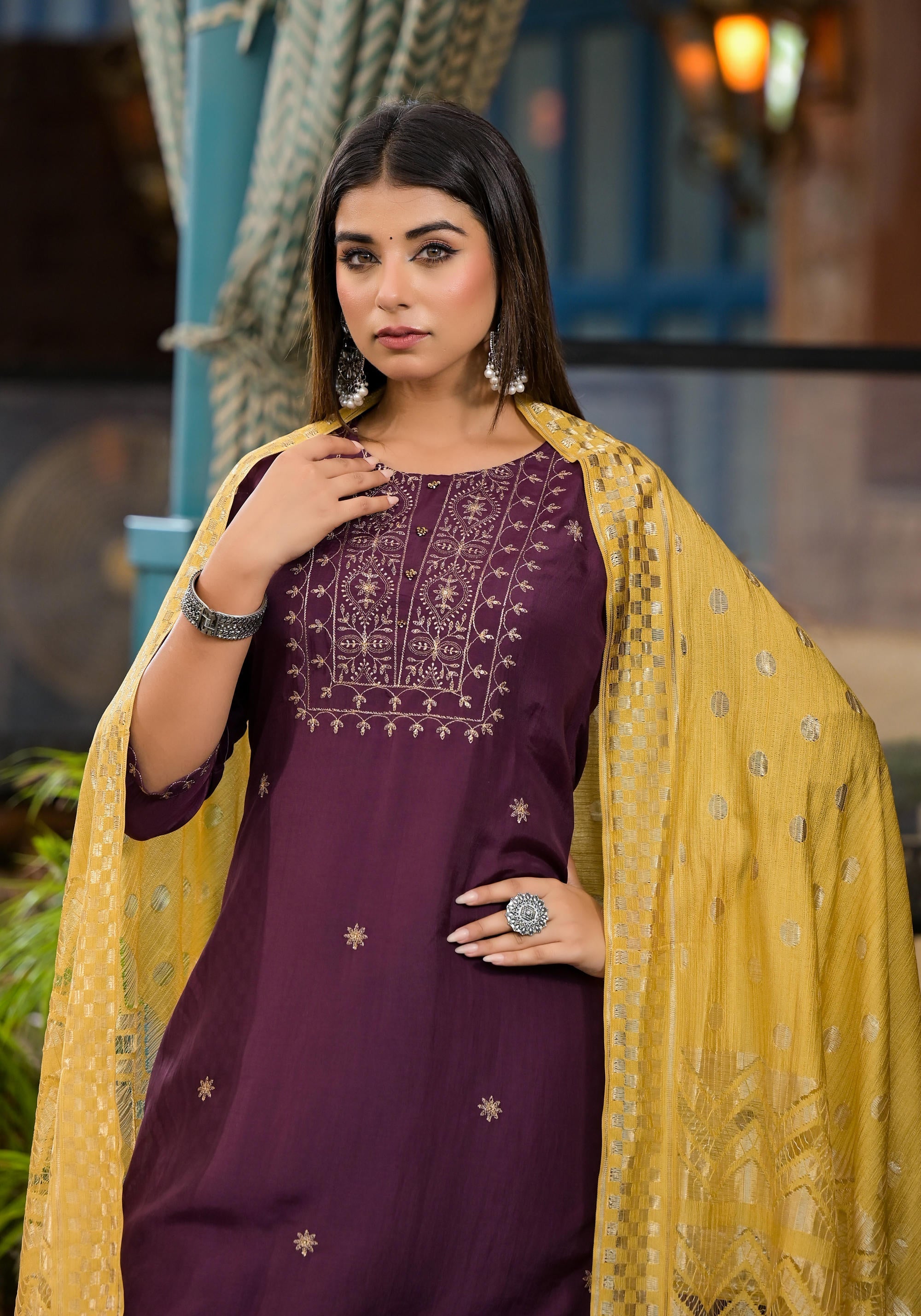 Burgundy Zari Embroidered Chinon Kurta Pant And Dupatta Set With Zari 