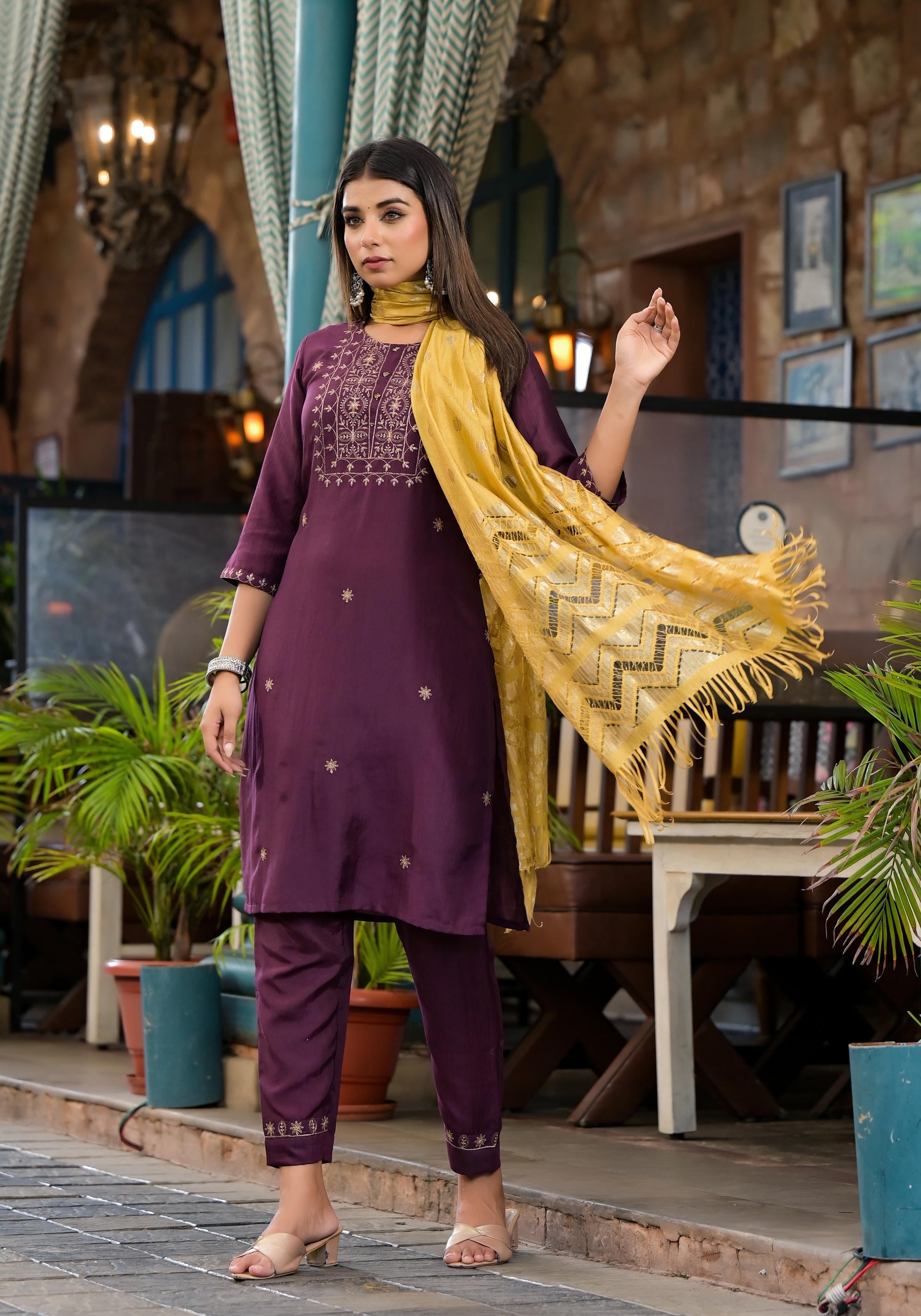 Burgundy Zari Embroidered Chinon Kurta Pant And Dupatta Set With Zari 