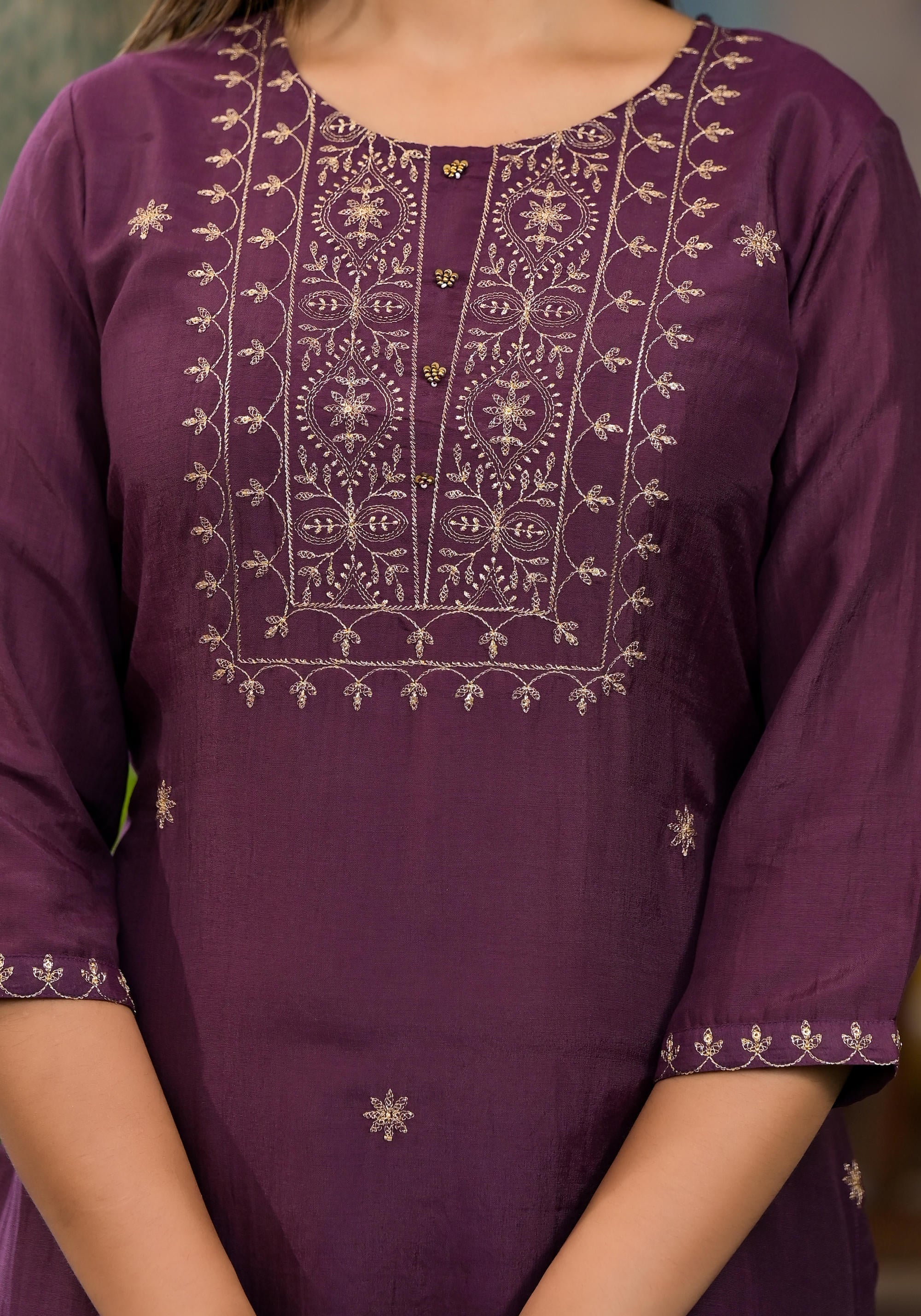 Burgundy Zari Embroidered Chinon Kurta Pant And Dupatta Set With Zari 