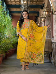Mustard Floral Printed Liva Rayon Kurta Pant And Dupatta Set With Sequins-J4646MUSTARD