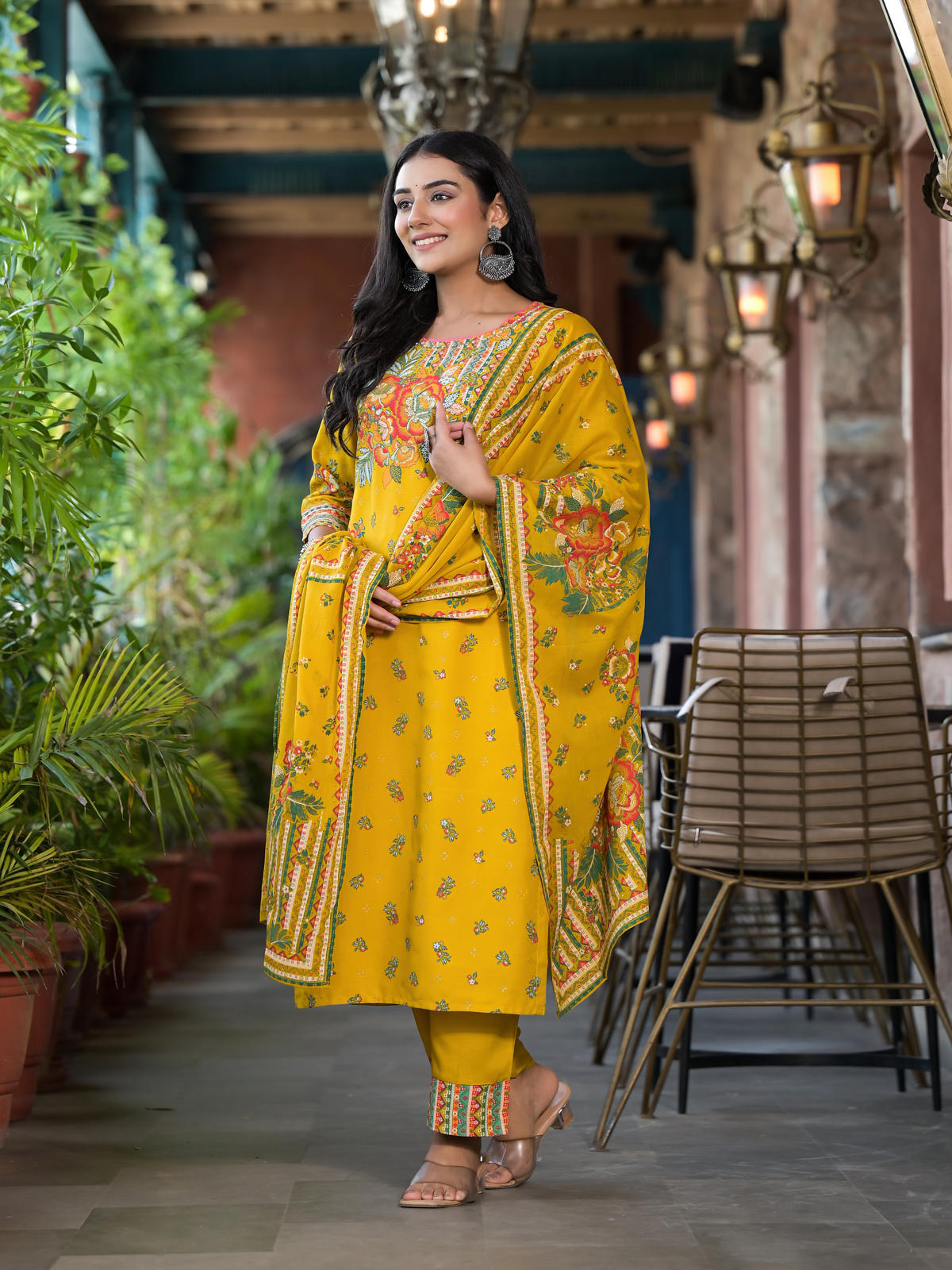 Mustard Floral Kurta Set: Rayon, Dupatta, Indian Kurta Sets