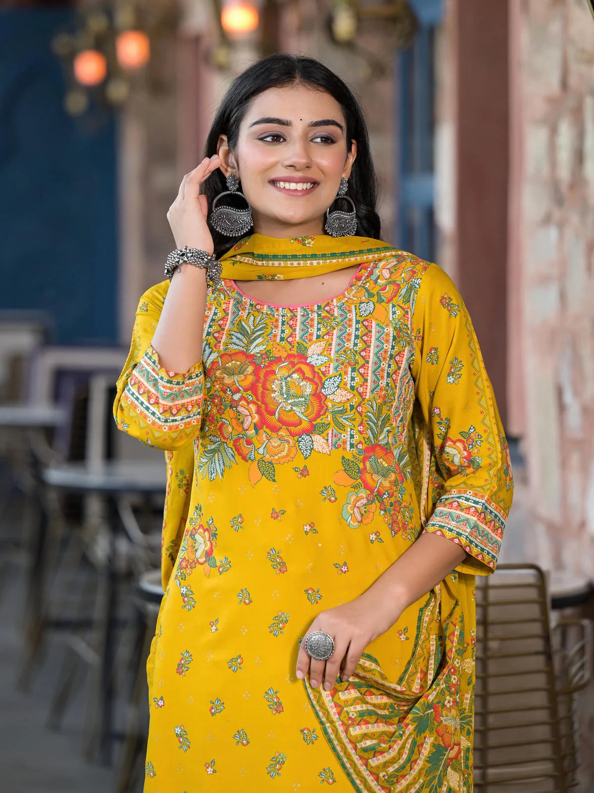 Mustard Floral Kurta Set: Rayon, Dupatta, Indian Kurta Sets