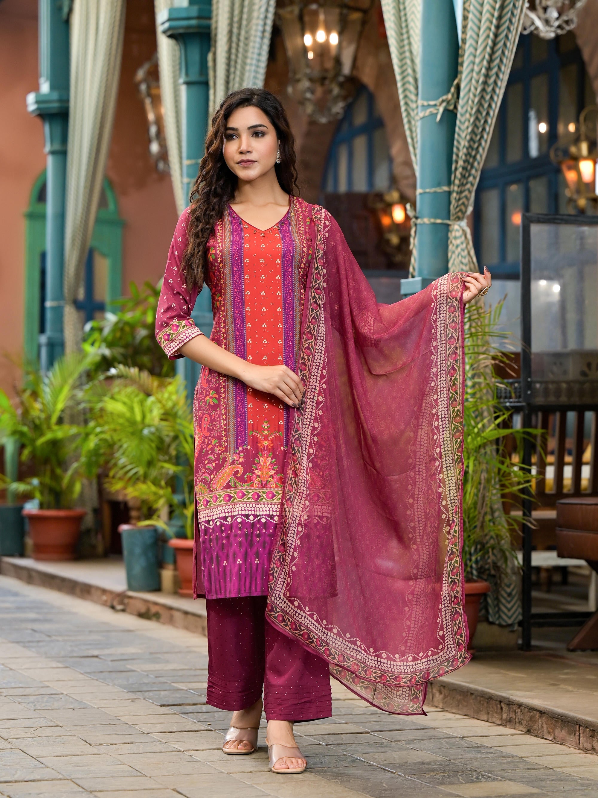 Plum Ethnic Motif Printed Liva Rayon Kurta Set With Coins | DesiQlo