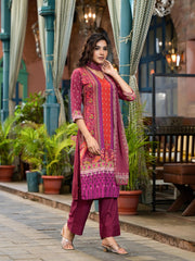 Plum Ethnic Motif Printed Liva Rayon Kurta Set With Coins