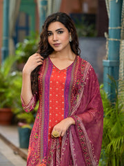 Plum Ethnic Motif Printed Liva Rayon Kurta Set With Coins