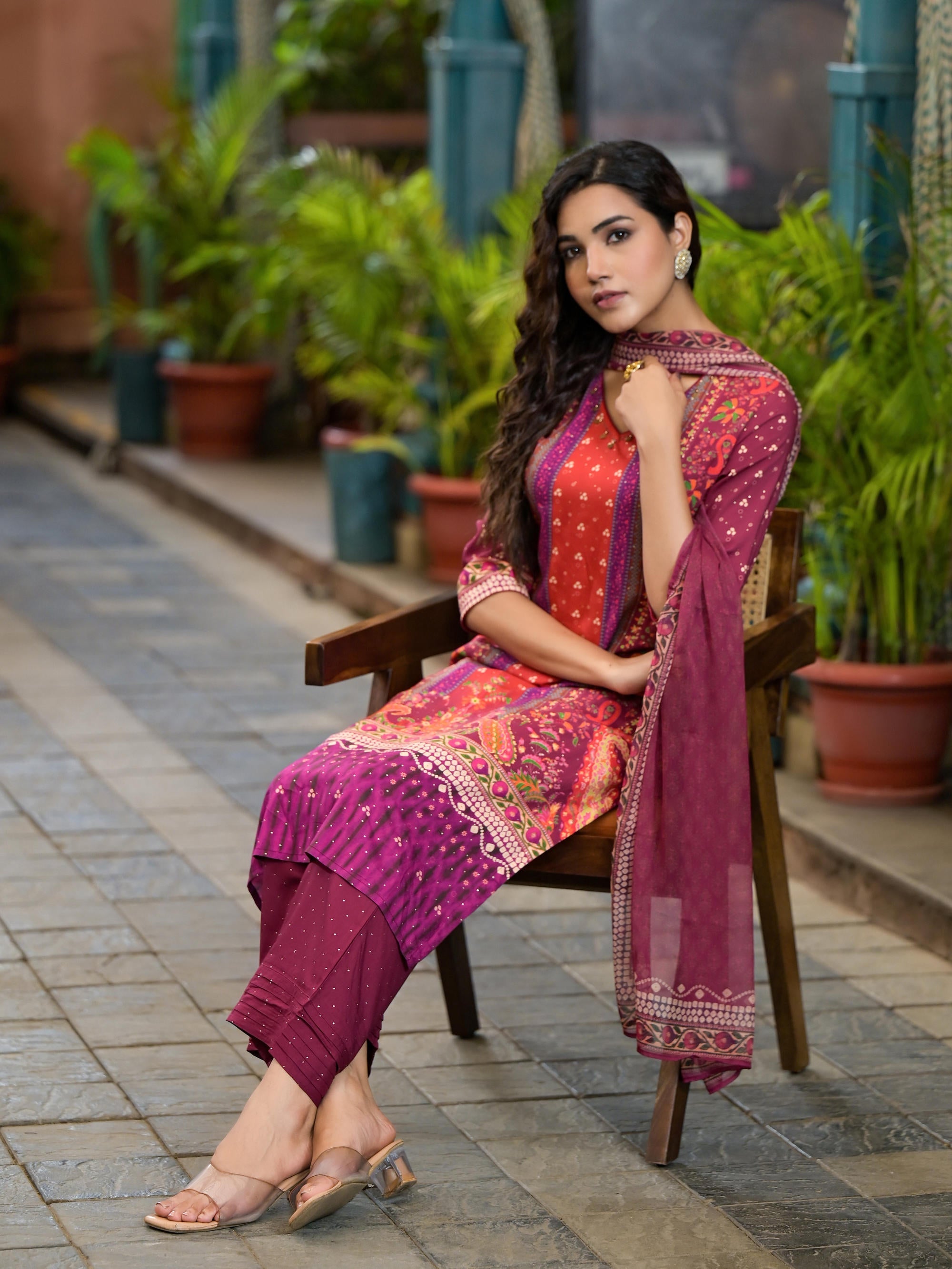Plum Ethnic Motif Printed Liva Rayon Kurta Set With Coins | DesiQlo