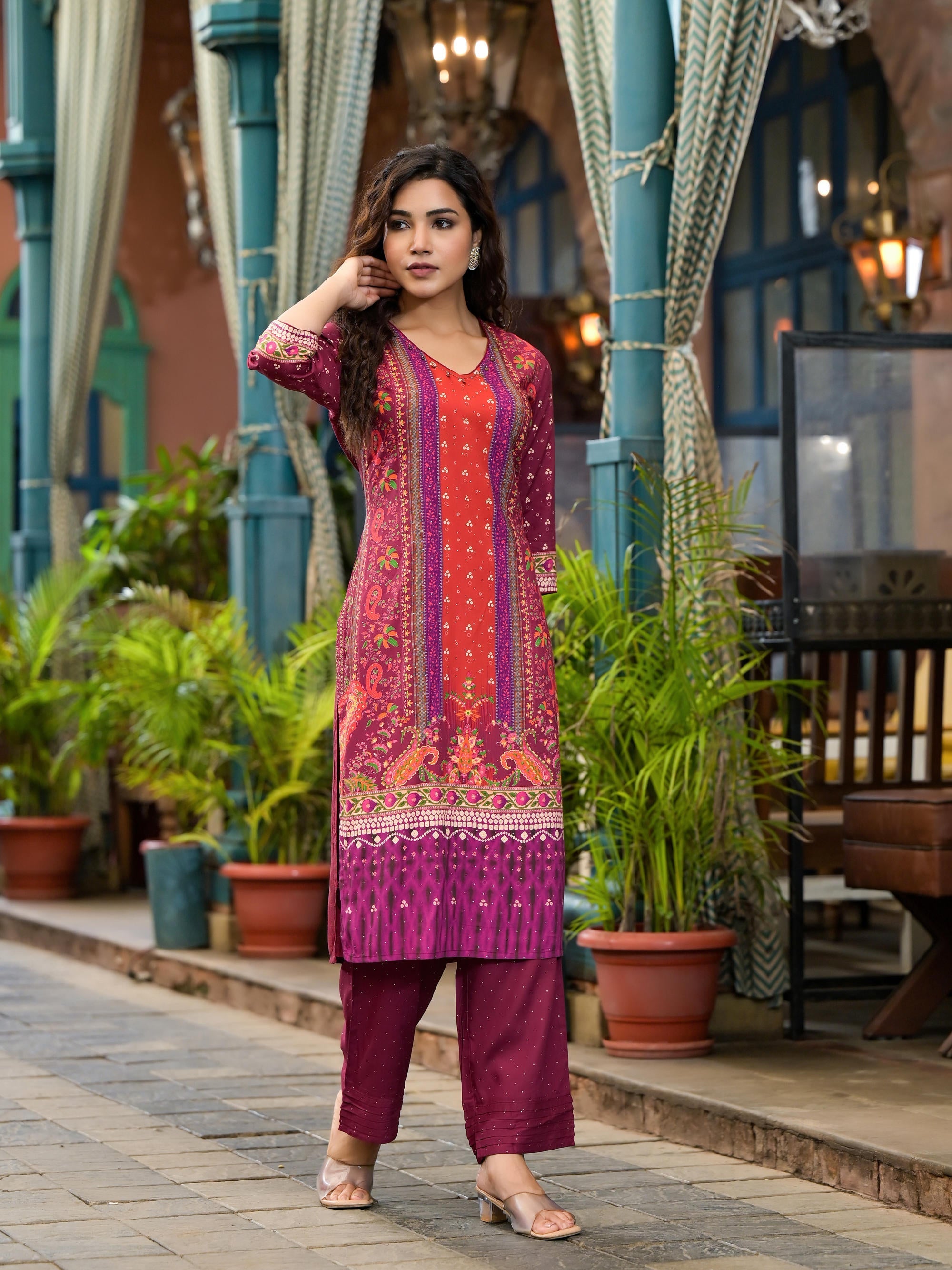 Plum Ethnic Motif Printed Liva Rayon Kurta Set With Coins | DesiQlo