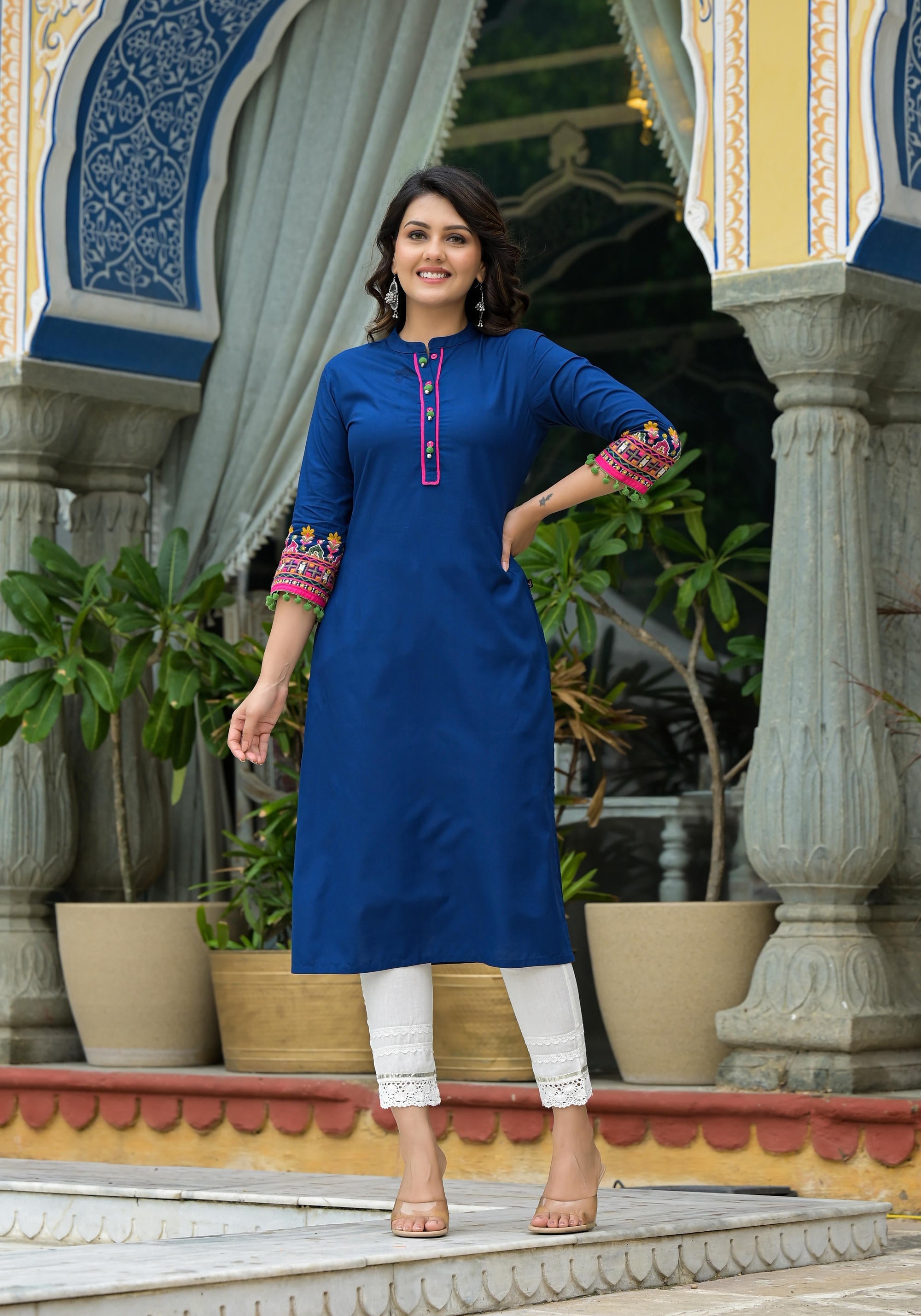 Blue Thread Embroidered A-lined Liva Rayon Kurta With Beads & Sequins 