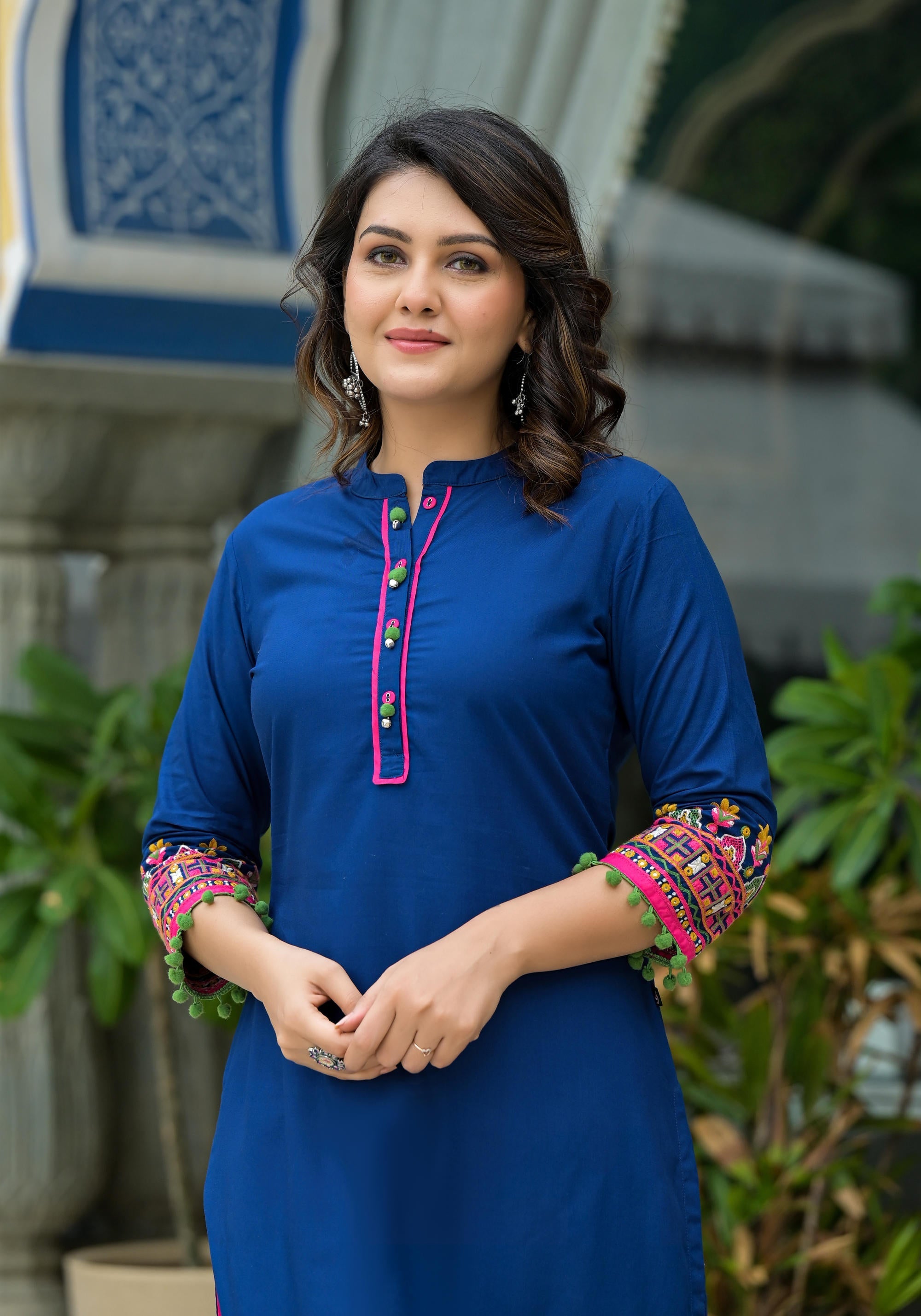 Blue Thread Embroidered A-lined Liva Rayon Kurta With Beads & Sequins 